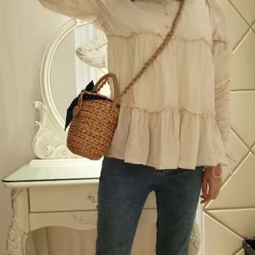 Most Wanted Paper Straw Bucket Bag Polka Dot Bow Crossbody Rattan